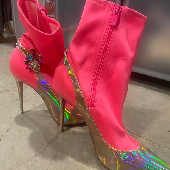 Christian Louboutin Neon Pink Holographic Pointed Stiletto Ankle Boots - Picture 5 of 5